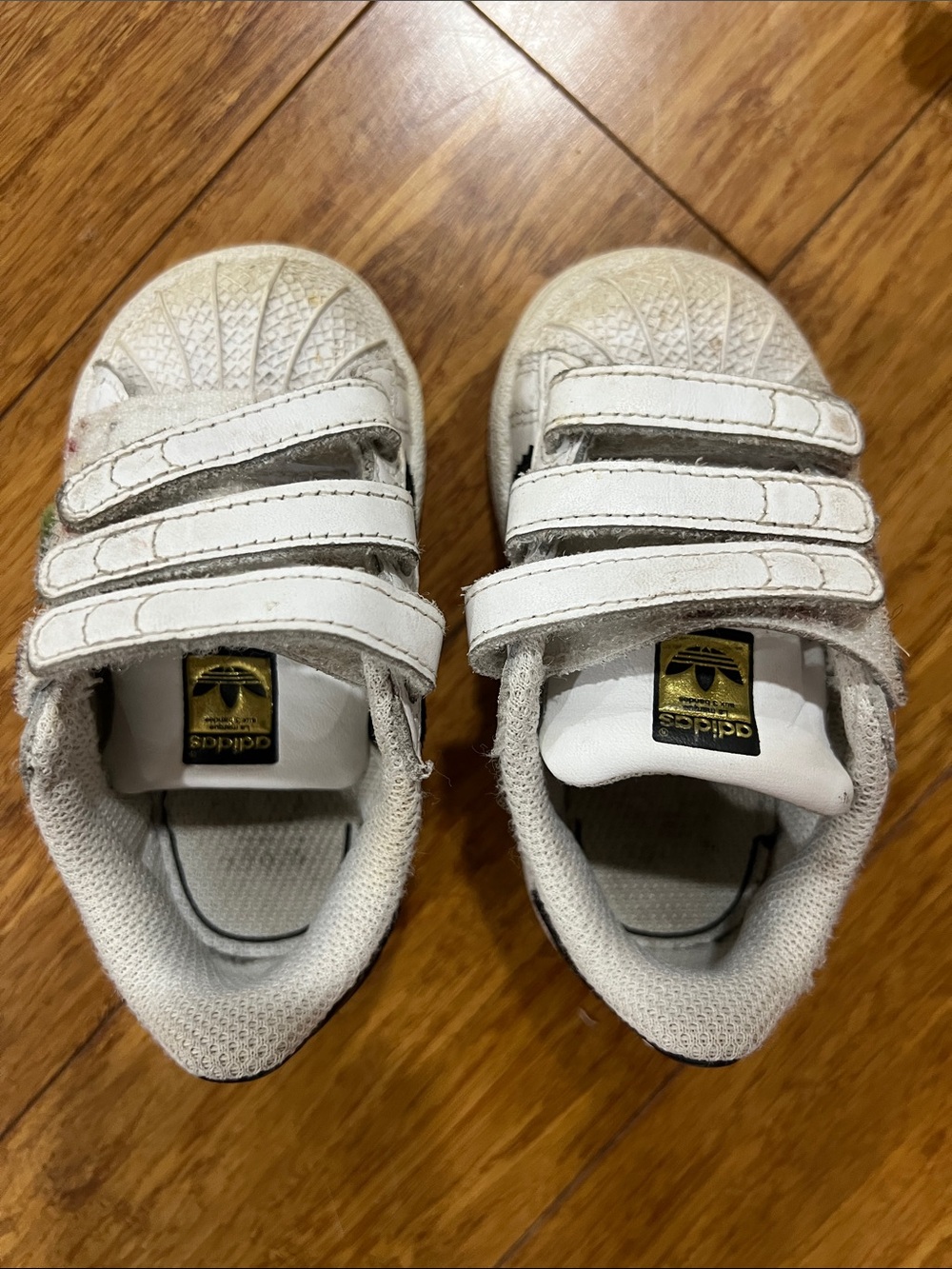 adidas Kids White Velcro Shell-Toe Sneakers with Gold Logo